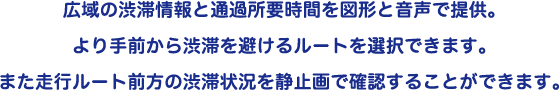 広域の渋滞情報と通過所要時間を図形と音声で提供。より手前から渋滞を避けるルートを選択できます。また走行ルート前方の渋滞状況を静止画で確認することができます。