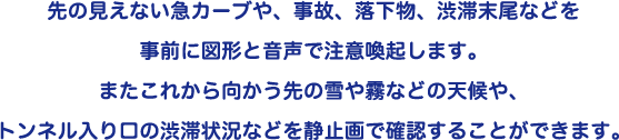 先の見えない急カーブや、事故、落下物、渋滞末尾などを事前に図形と音声で注意喚起します。またこれから向かう先の雪や霧などの天候や、トンネル入り口の渋滞状況などを静止画で確認することができます。