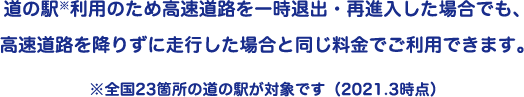 道の駅※利用のため高速道路を一時退出・再進入した場合でも、高速道路を降りずに走行した場合と同じ料金でご利用できます。※全国23箇所の道の駅が対象です（2021.3時点）