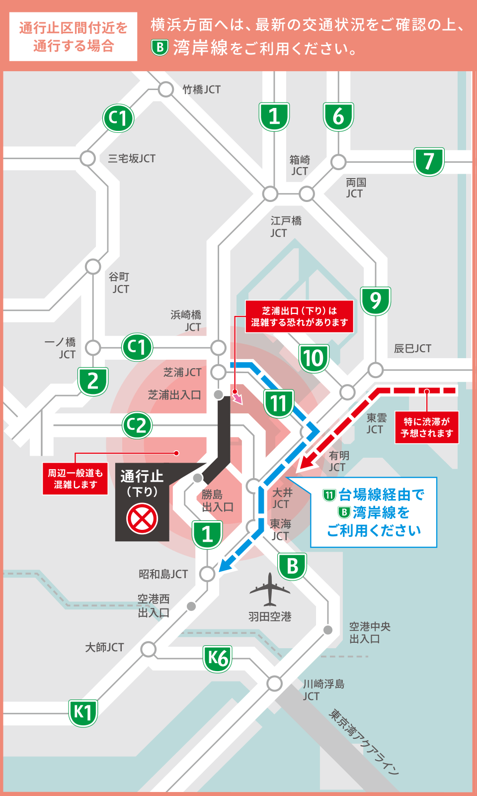 通行止区間付近を通行する場合：横浜方面へは、最新の交通状況をご確認の上、[B]湾岸線をご利用ください。