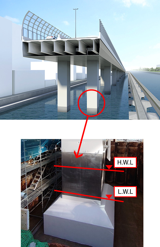 橋脚基部のステンレスライニング設置状況図