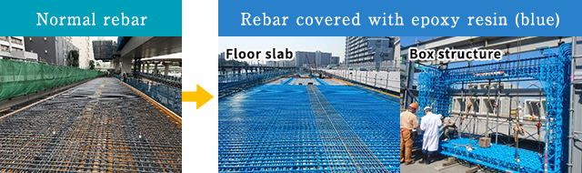 Rebar covered with epoxy resin (blue)