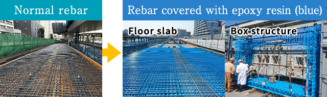 Rebar covered with epoxy resin (blue)