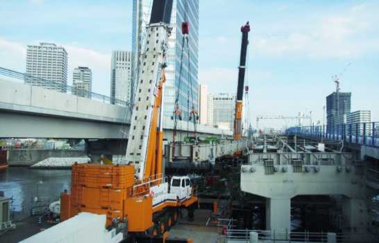 Two cranes working together