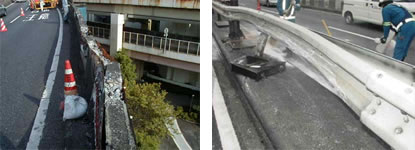 車両接触事故による高欄及びガードレールの損傷例